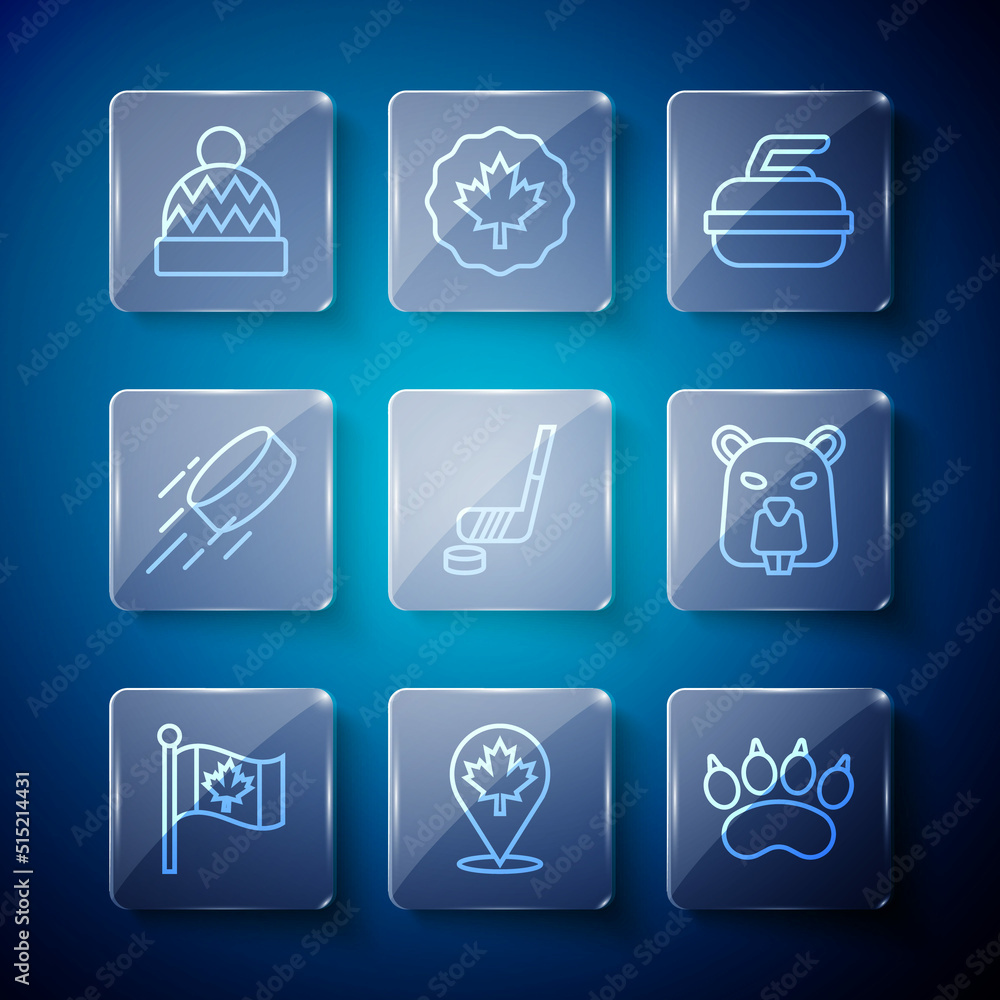 Set line Flag of Canada, Canadian maple leaf, Bear paw footprint, Stone for curling, Ice hockey stick and puck, Hockey, Beanie hat and Beaver animal icon. Vector Set line Flag of Canada, Canadian maple leaf, Bear paw footprint, Stone for curling, Ice hockey stick and puck, Hockey, Beanie hat and Beaver animal icon. Vector
