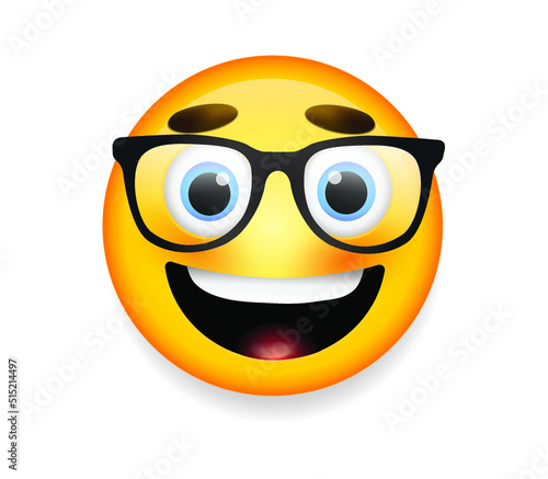 High quality emoticon on white background. Yellow face with spectacles on white background. Cute smiling emoticon wearing eyeglasses, emoji, smiley vector illustration.