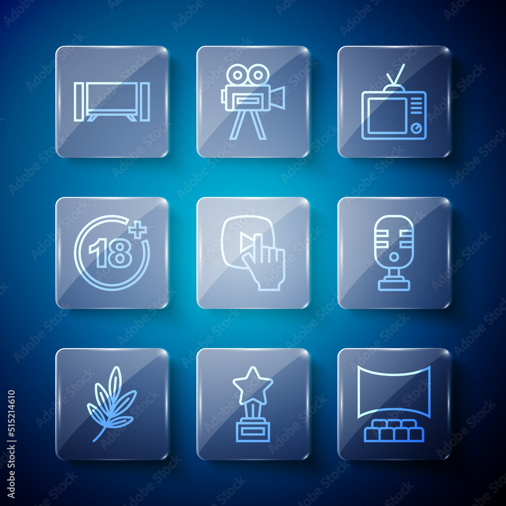 Set line Movie trophy, Cinema auditorium with screen, Retro tv, Online play video, Plus 18 movie, Smart Tv and Microphone icon. Vector Set line Movie trophy, Cinema auditorium with screen, Retro tv, Online play video, Plus 18 movie, Smart Tv and Microphone icon. Vector