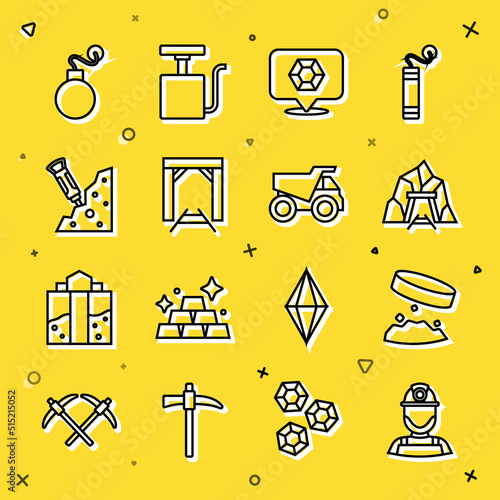 Set line Miner in a helmet, Giant magnet holding iron dust, entrance, Gem stone, Construction jackhammer, Bomb and Mining dump truck icon. Vector