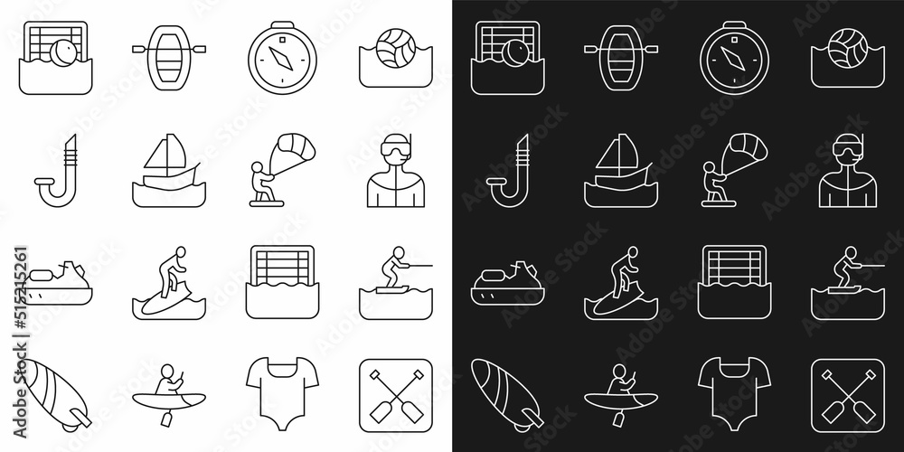 Set line Paddle, Water skiing man, Wetsuit for scuba diving, Compass, Yacht sailboat, Snorkel, polo and Kitesurfing icon. Vector