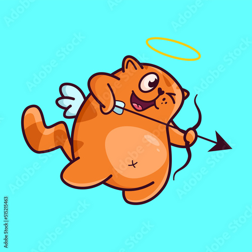 Cute red cat CUPID with a bow and arrow. Demonstrates emotions, love, happiness, joy. Cat character hand drawn style, sticker, emoji