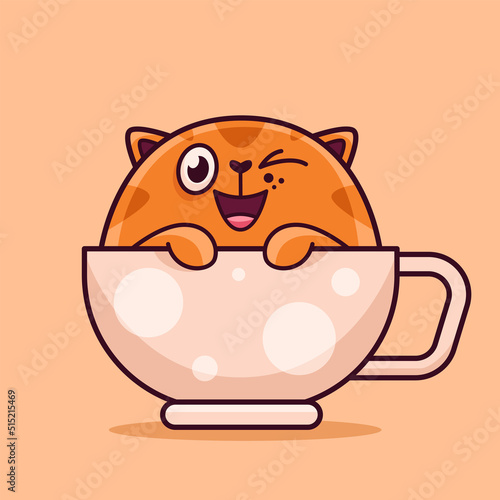 Cute red cat in a cup. Demonstrates emotions, joy, happiness, breakfast. Cat character hand drawn style, sticker, emoji