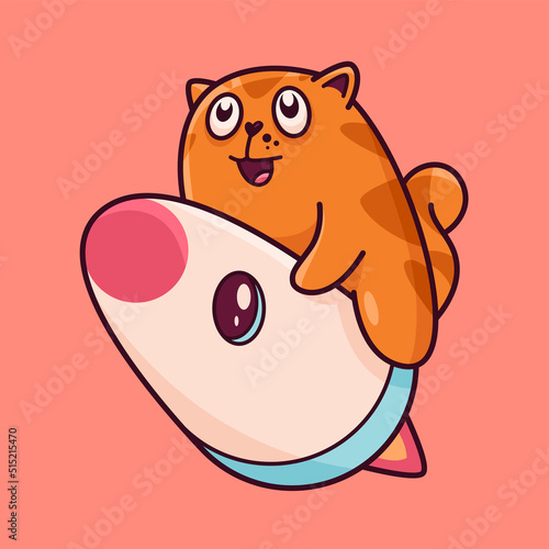 Cute red cat on a rocket. Demonstrates emotions, joy, surprise, space, happiness. Cat character hand drawn style, sticker, emoji
