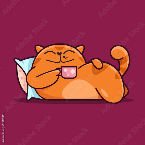 Cute red cat lies on a pillow and drinks tea. Demonstrates emotions, joy, happiness, good morning. Cat character hand drawn style, sticker, emoji