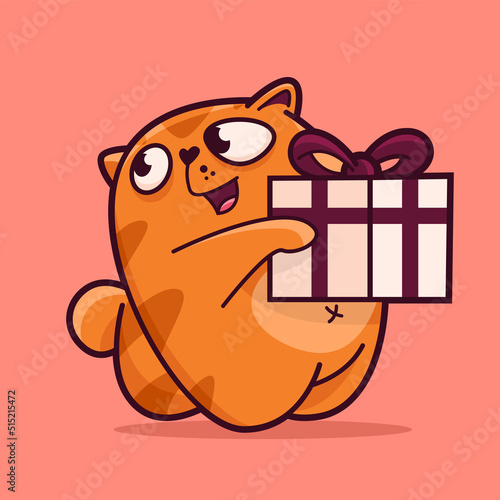 Cute red cat is holding a gift. Demonstrates emotions, joy, happiness, happy birthday. Cat character hand drawn style, sticker, emoji