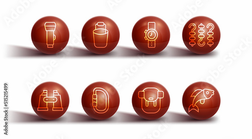 Set line Flashlight, Binoculars, Grilled shish kebab on skewer, Hiking backpack, Carabiner, Bucket, Fish and Wrist watch icon. Vector