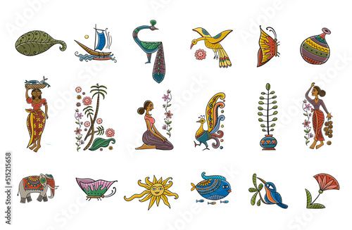 Tropical life, fairy hand drawn design elements for your design - posters, banners, icons etc. Women, nature, birds, fish, background