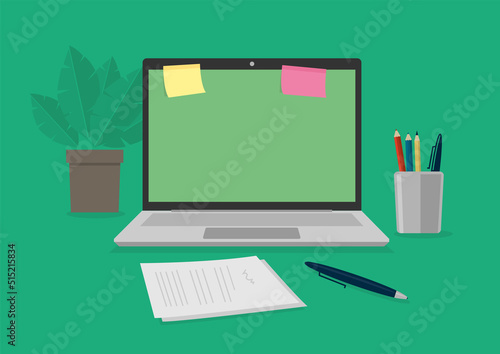 illustration vectorielle montrant un espace de travail au bureau ou à la maison avec un ordinateur portable