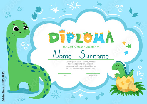 Colorful school and preschool diploma certificate for kids and children in kindergarten or primary grades with cute dinosaurs. Vector cartoon illustration