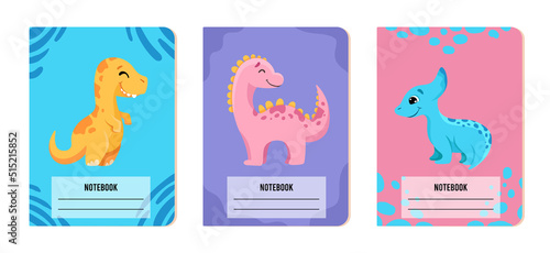 Set of cover page templates with cute dinosaurs and pastel colours. Vector cartoon illustration for school exercise books, notebooks, kids diaries.