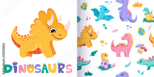 Seamless pattern with cute dinosaurs for fabric textile design. Hand drawn illustration for wallpaper print texture. Vector cartoon illustration