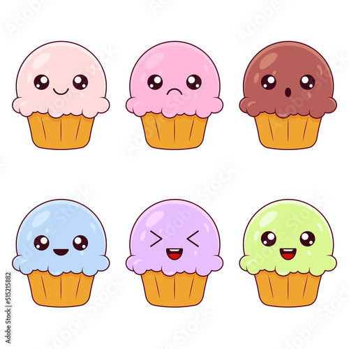 Delicious set of cupcakes with kawaii eyes. Colored muffins. Dessert vector illustration design.