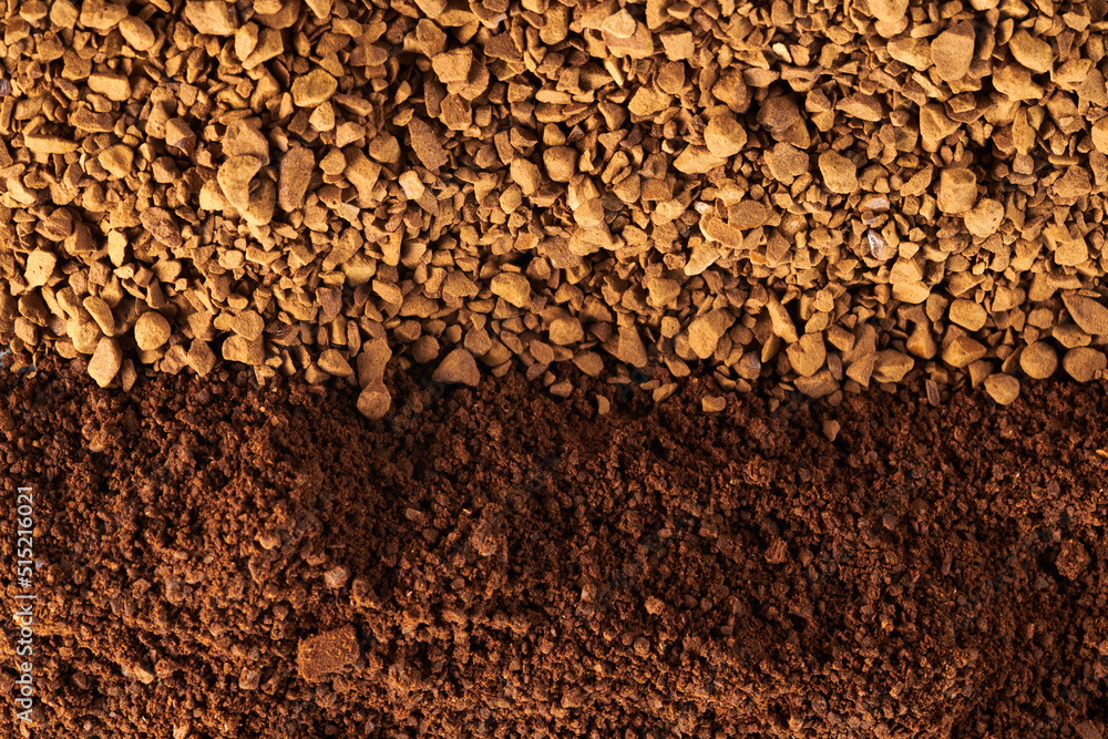Roasted coffee beans different sort ground and whole close up background Roasted coffee beans different sort ground and whole close up background