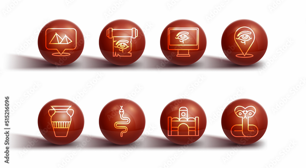 Set line Egypt pyramids, Egyptian vase, Eye of Horus, house, Snake, on papyrus scroll, and monitor icon. Vector Set line Egypt pyramids, Egyptian vase, Eye of Horus, house, Snake, on papyrus scroll, and monitor icon. Vector