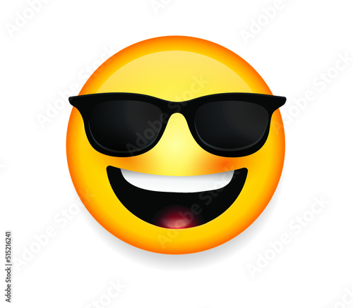 High quality emoticon with sunglasses. Emoji vector. Cool smiling Face with  Sunglasses vector illustration. Yellow face with broad smile wearing black  sunglasses. Sunglasses emoji. Stock Vector | Adobe Stock