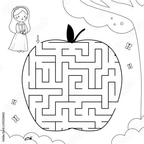 Coloring page with maze game. Cartoon Snow White princess. Apple shaped labyrinth. Educational printable worksheet. Black and white vector illustration.