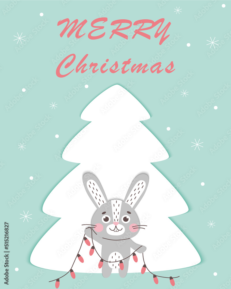 Fototapeta premium Merry Christmas and Happy New Year card with cute rabbits Hare symbol of 2023 year. New year mascot. Cute vetor flat animal character
