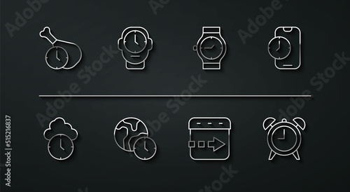 Set line Food time, Clock, Alarm clock app mobile, Time flies on the, World, and Wrist watch icon. Vector