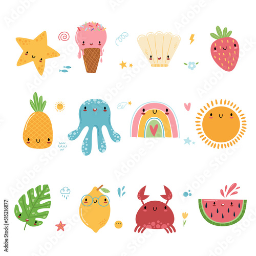 Happy cute kawaii summer fruit set. Cartoon characters - sun, watermelon, lemon, ace cream, rainbow, pineapple, crab, octopus, starfish, strawberry, shell, tropical leaf
