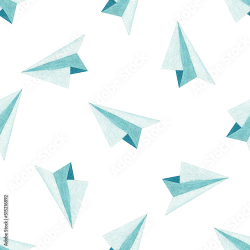 Watercolor paper airplanes seamless pattern on white background