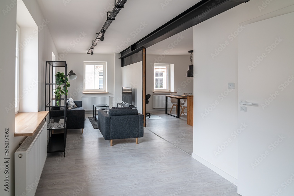 Modern apartment. View from the living room to the kitchen and dining room