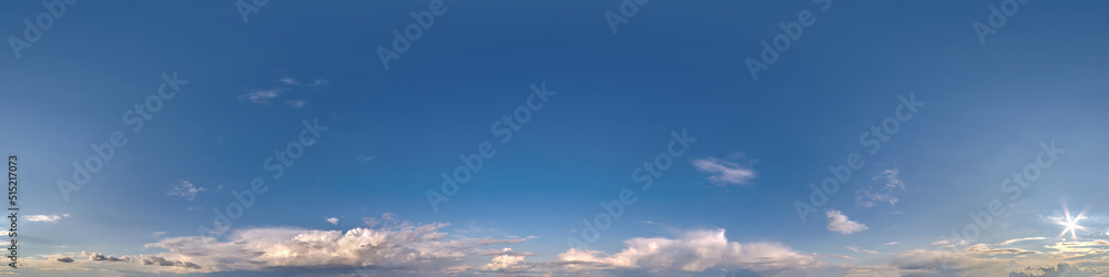 Seamless clear blue sky hdri panorama 360 degrees angle view with zenith and beautiful clouds for use in 3d graphics as sky replacement and sky dome or edit drone shot. Seamless clear blue sky hdri panorama 360 degrees angle view with zenith and beautiful clouds for use in 3d graphics as sky replacement and sky dome or edit drone shot.