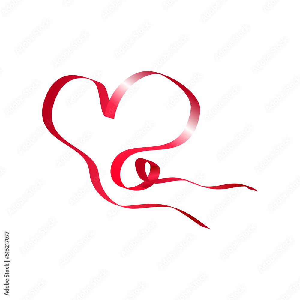 Realistic red ribbon in the form of heart for decoration. Illustrations for valentine's day.
