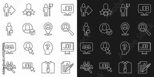 Set line Resume, Search job, Magnifying glass for search, Man holding flag, Worker, Businessman, Leader of team of executives and location icon. Vector