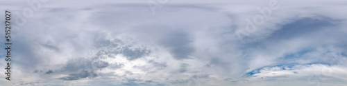 Seamless overcast blue sky hdri panorama 360 degrees angle view with zenith and beautiful clouds for use in 3d graphics as sky replacement and sky dome or edit drone shot.