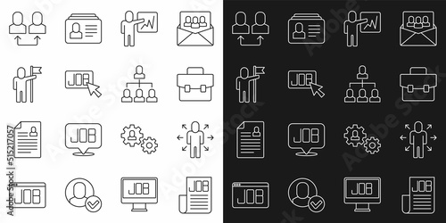 Set line Search job, Multitasking manager working, Briefcase, Leader of team of executives, Man holding flag, Exchange and Employee hierarchy icon. Vector