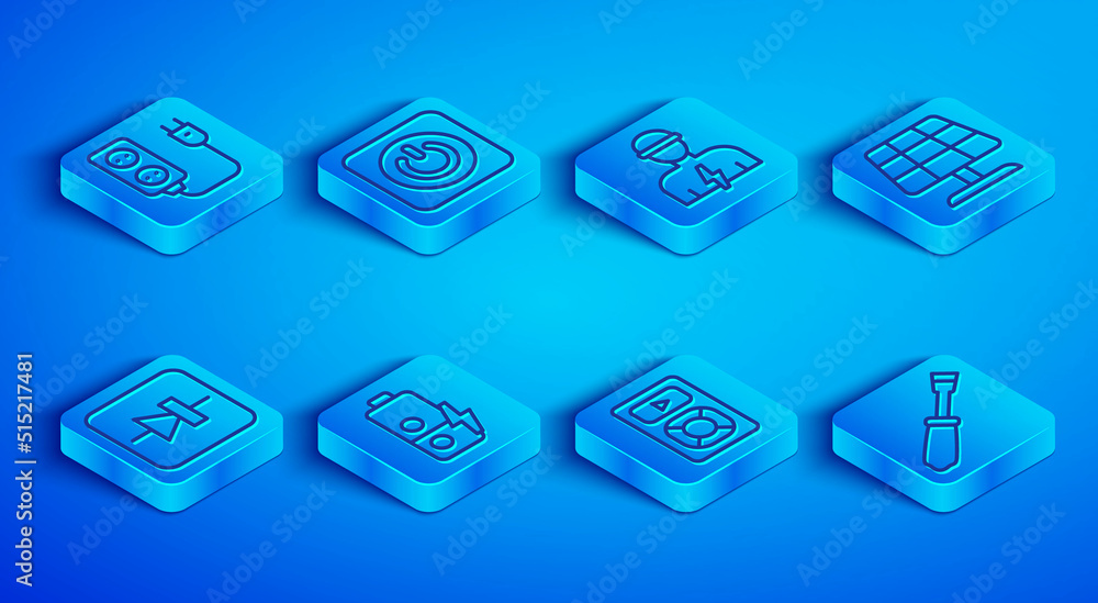 Set line Electric extension, Power button, Electrician, Battery charge, Music player, Solar energy panel, Diode in electronic circuit and Screwdriver icon. Vector Set line Electric extension, Power button, Electrician, Battery charge, Music player, Solar energy panel, Diode in electronic circuit and Screwdriver icon. Vector