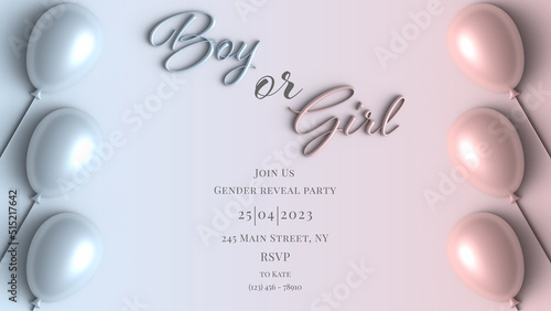 Invitation for gender reveal party. He or she postcard. Baby shower announcement banner in soft pink and blue pastel colours background, 3d. Boy or girl, trending illustration trending 
