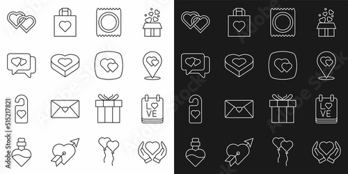 Set line Heart in hand, Calendar with February 14, Location heart, Condom package, Candy shaped box, speech bubble, Two Linked Hearts and icon. Vector
