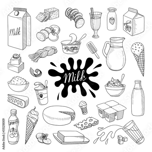 BIG VECTOR COLLECTION OF MILK AND DAIRY PRODUCTS ON A WHITE BACKGROUND