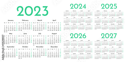 Set of green and white monthly calendar templates for 2023, 2024, 2025, 2026, 2027 years. Week starts on Monday. Album layout calendar in a minimalist style. Horizontal table grid. Agenda organizer