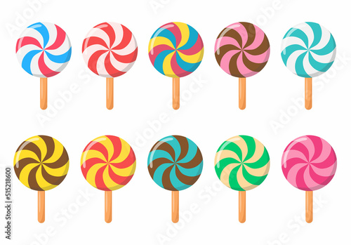 Set of lollipops in various different color isolated on white background. Sweet food concept. Vector stock