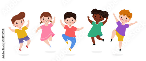 Happy Kids Playing Outdoor banner Template background, children jumping together, advertising brochure, your text, flat Funny cartoon isolated vector Illustration on white background
