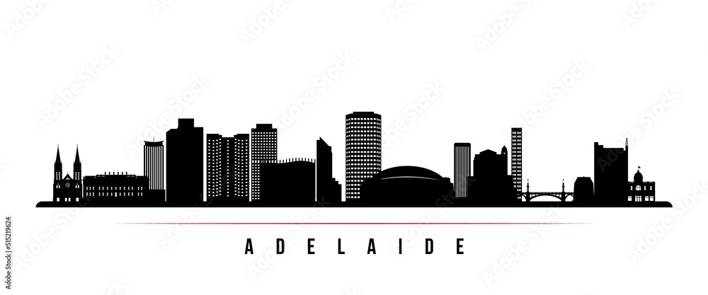 Adelaide skyline horizontal banner. Black and white silhouette of Adelaide, Australia. Vector template for your design.