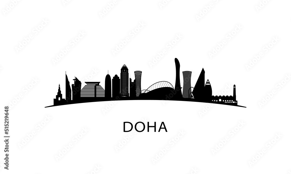 Fototapeta premium Doha city skyline. Black cityscape isolated on white background. Vector banner.