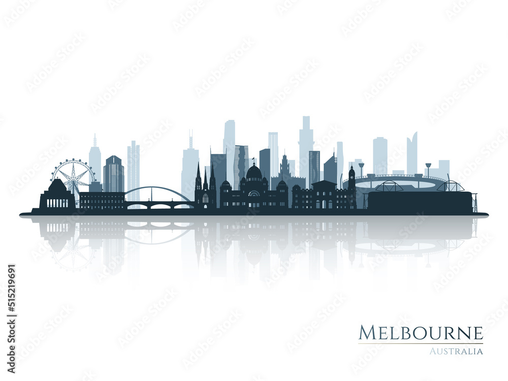 Naklejka premium Melbourne skyline silhouette with reflection. Landscape Melbourne, Australia. Vector illustration.
