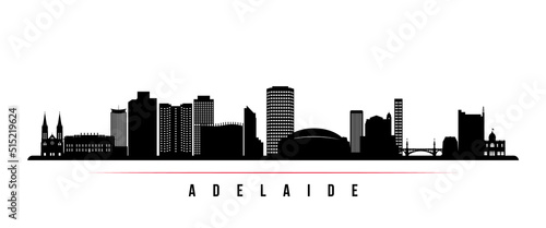 Adelaide skyline horizontal banner. Black and white silhouette of Adelaide, Australia. Vector template for your design.