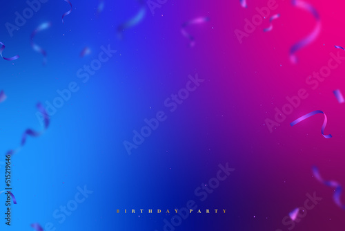 Blue and pink gradient background with blurred confetti. Fluid neon wallpaper. Vector banner for birthday party.