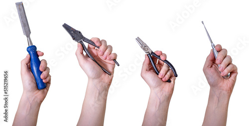 Hands holding hand tools, insulated on white background.