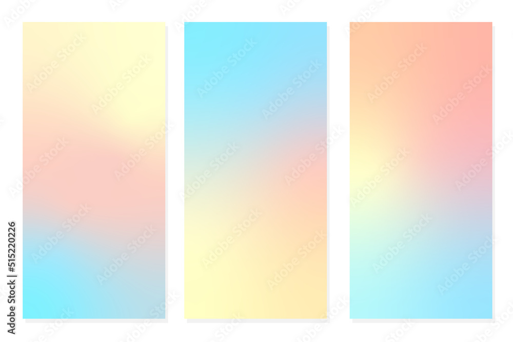 Abstract tender pastel coral and teal blue vibrant gradient colors backgrounds for fashion flyer, brochure design. Set of soft, delicate wallpaper for mobile apps, image jpg banner, posterer