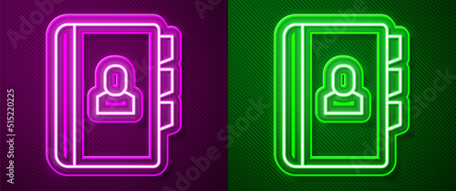 Glowing neon line Resume icon isolated on purple and green background. CV application. Searching professional staff. Analyzing personnel resume. Vector