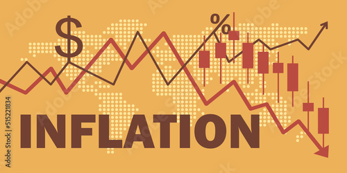 Soaring inflation and stock market risks. Rising interest rates impact global investment. Financial economy chart banner. Arrow with the candlestick indicator. Economic crisis. Vector illustration.