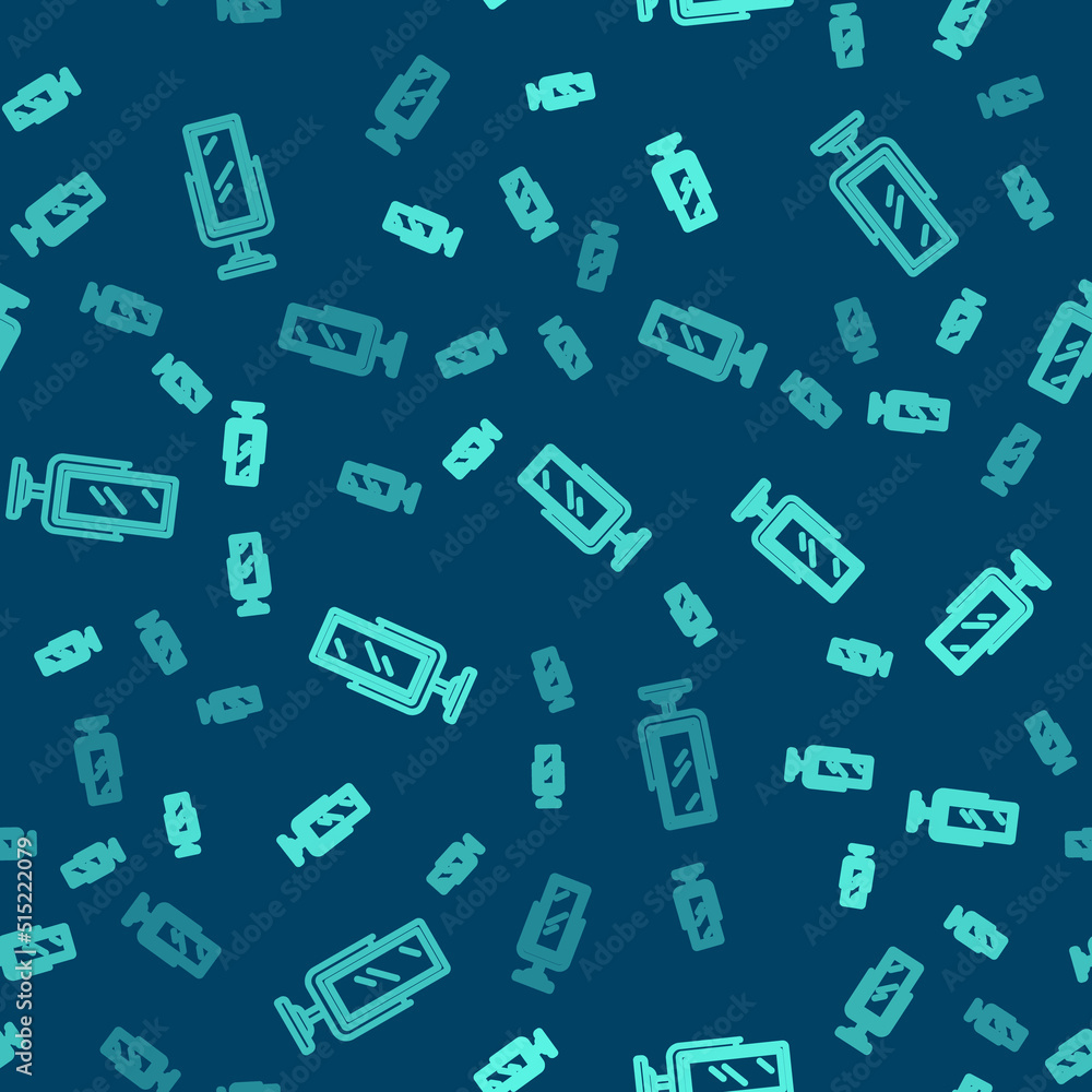 Green line Big full length mirror for bedroom, shops, backstage icon isolated seamless pattern on blue background. Vector Green line Big full length mirror for bedroom, shops, backstage icon isolated seamless pattern on blue background. Vector