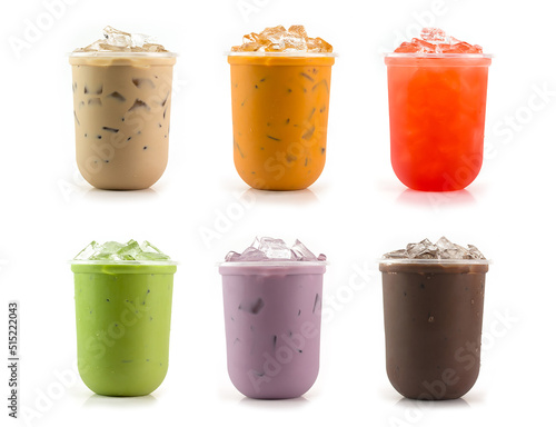 Photography Various flavored tea and milk tea drinks on white background