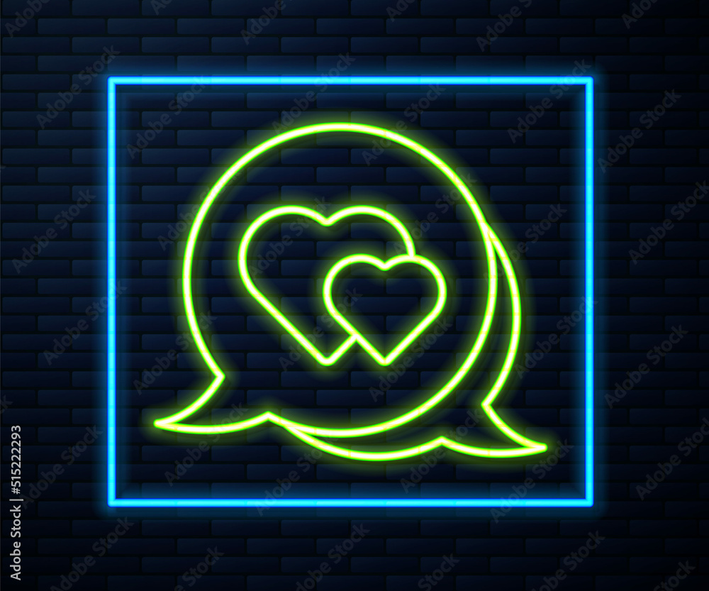 Glowing neon line Heart in speech bubble icon isolated on brick wall background. Happy Valentines day. Vector Glowing neon line Heart in speech bubble icon isolated on brick wall background. Happy Valentines day. Vector